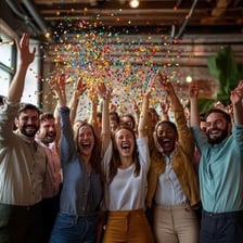 A group of people celebrating in a cheerful mood.