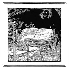 An illustration combining a small devil figure with books representing learning