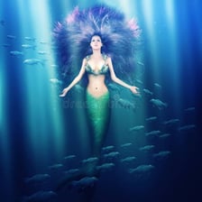 An illustration of a mermaid with a human upper body and fish tail.