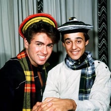 A photograph of the pop duo Wham!, George Michael and Andrew Ridgeley.