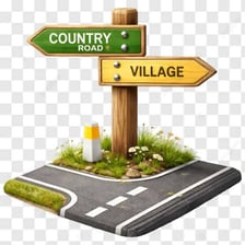 A directional signpost standing beside a road near a post used for mail