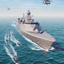 A naval frigate travelling at sea