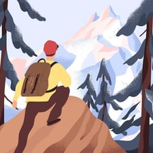 A person reaching toward a goal on a mountain or high point