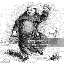 An illustration of Friar Tuck alongside a cover of Tuck Everlasting