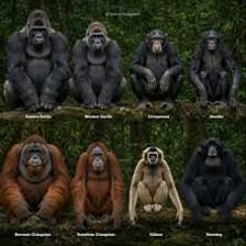 Great apes including a chimpanzee, gorilla, and orangutan