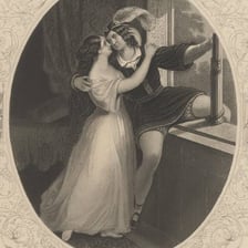 An artistic depiction of Romeo and Juliet as ill-fated lovers.