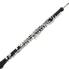 A full-length oboe showing its narrow wooden body and keys.