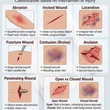A medical illustration showing a deep cut in the skin.