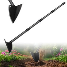 Several handheld garden hoes with long handles.