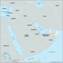 A map showing the Gulf of Oman between Oman and Iran