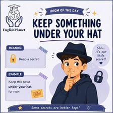 An illustration representing the idiom of keeping a secret under a hat.