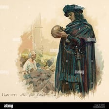 An illustration of Hamlet holding Yorick’s skull in the graveyard scene.