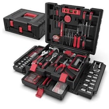 A tool kit with its separate components arranged beside it.