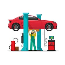 A split illustration showing an automobile body repair shop and the phrase concept of body odor.