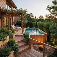 An outdoor swimming pool next to a flat deck