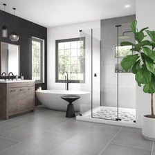 A bathroom floor covered with ceramic tiles