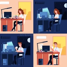 An office worker ending the workday near a clock.