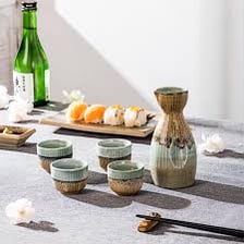 Japanese sake served in a traditional ceramic flask and small cups.