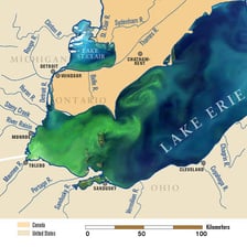 A map showing Lake Erie beside Cleveland and Detroit