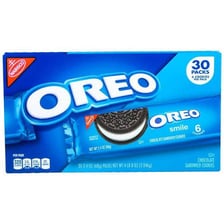 Oreo chocolate sandwich cookies with dark wafers and a white creme filling.
