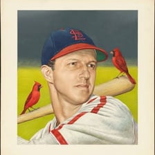 A historical portrait of baseball player Stan Musial in a St. Louis Cardinals uniform.