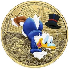 Scrooge McDuck diving into a pile of gold coins