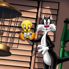 Tweety and Sylvester in a Looney Tunes cartoon scene