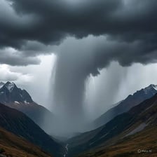 A heavy rain shower falls over a landscape.