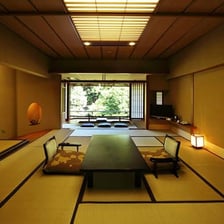 Traditional woven tatami mats covering the floor of a Japanese inn room
