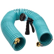 A garden hose wound into a coil.