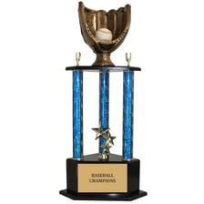 A championship trophy displayed on the highest podium tier