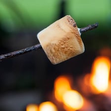 A s'more with toasted marshmallow, chocolate, and graham crackers beside a campfire