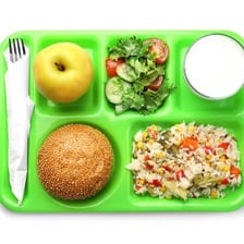 A cafeteria tray holding a meal and drink