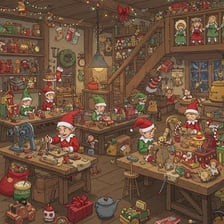 A storybook elf working on toys in Santa’s workshop.