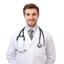 A physician wearing a white coat and stethoscope