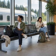 A traveler arriving at a train station