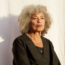 Angela Davis with her characteristic rounded afro hairstyle