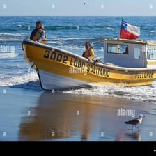 A small boat reaching a sandy shore.