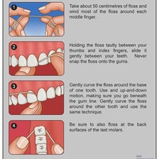 Dental floss being used to clean between teeth.