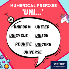 An educational illustration connecting the prefix “uni-” with the idea of one.