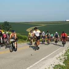 Cyclists riding together on an Iowa road during RAGBRAI.