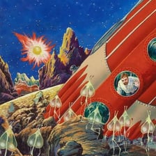 A fictional extraterrestrial figure against a starry space background