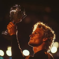 A victorious athlete holding a championship trophy.