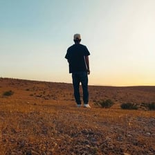 A solitary person standing by themself in a wide landscape