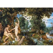 A depiction of Eve holding the forbidden fruit in the Garden of Eden