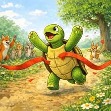 An illustration shows a hare racing alongside a tortoise.
