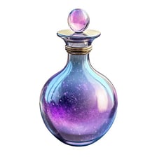 A glass vial holds a brightly colored fantasy potion.