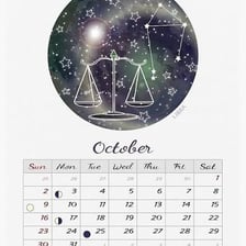 An October calendar displayed beside Libra zodiac imagery