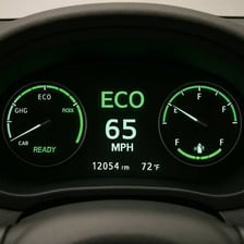 A hybrid vehicle dashboard displaying an Eco mode indicator