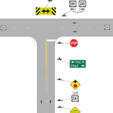 A road sign indicating a route through a city